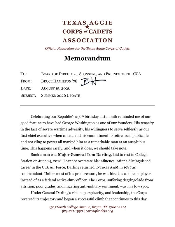 President's Quarterly Update from Corps of Cadets Association